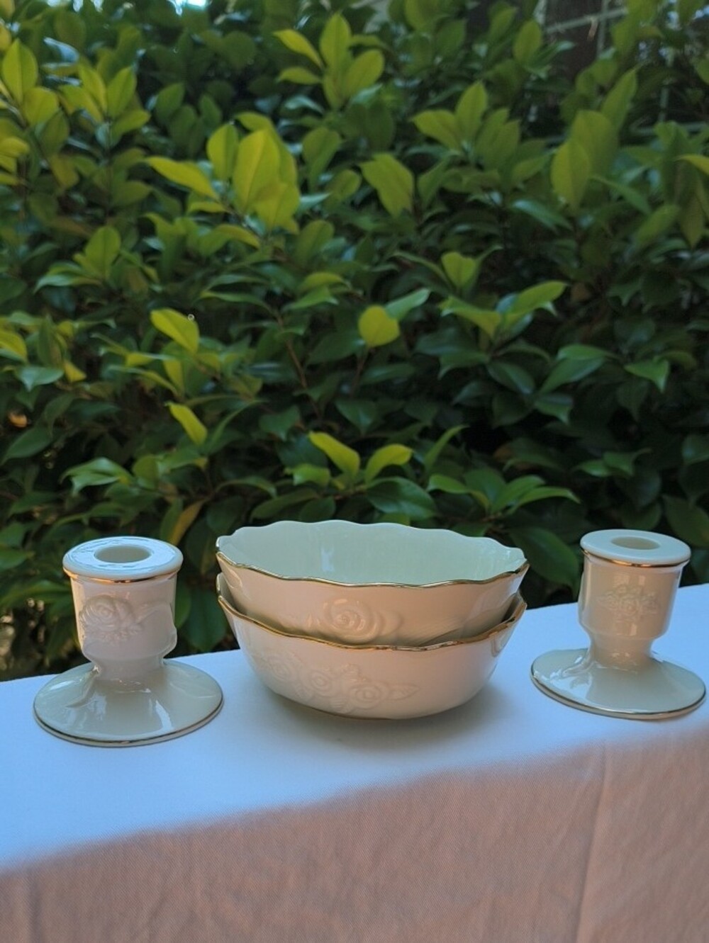 Lenox 24 Karat Gold Trim Porcelain Bowls And Matching Candle Stick Holders